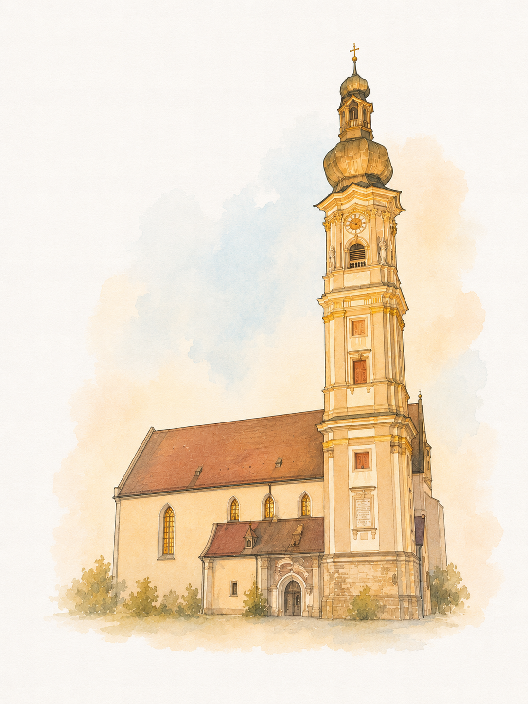Grabkirche St. Peter und Paul in Deggendorf – barocker Kirchturm mit goldener Zwiebelhaube als Wahrzeichen der Altstadt