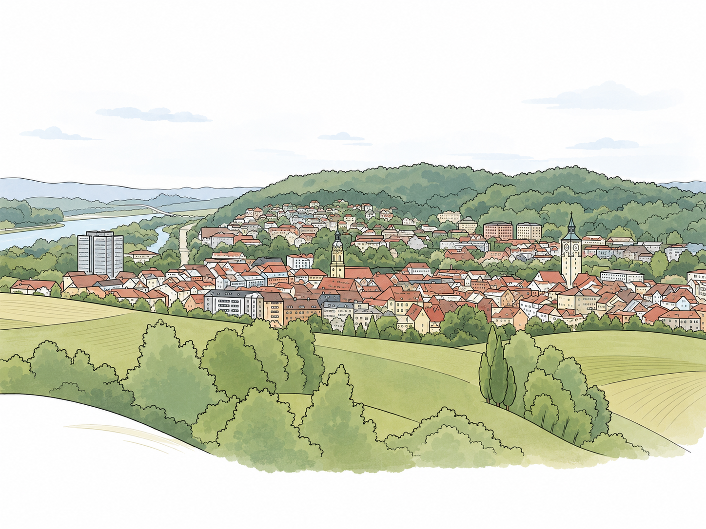 Stadtansicht von Deggendorf an der Donau – Blick über die Altstadt mit Kirchtürmen und Hügellandschaft Niederbayerns, im Aquarellstil